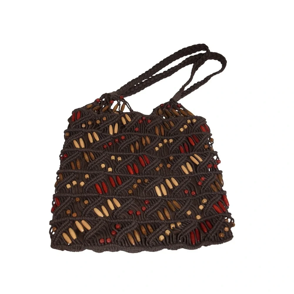 Macrame Purse Tote Bag Womens Medium Brown EUC Beaded Boho‎ Shoulder